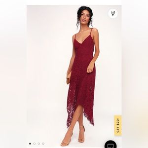 One Wish Burgundy Lace Midi Dress - Lulus